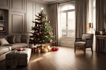 Wall Mural - Stylish Christmas Tree With Vintage Baubles And Golden Lights In Scandinavian Room. Christmas Eve. Generative AI