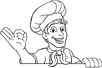 Poster - A chef cook or baker man cartoon character giving a perfect or okay chefs hand sign. Peeking over a background sign.