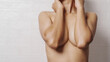 © M+Isolation+Photo - Young asian woman examining breast mastopathy or signs of breast cancer, Closeup Sexy Topless Naked Female With Breast Cancer Awareness