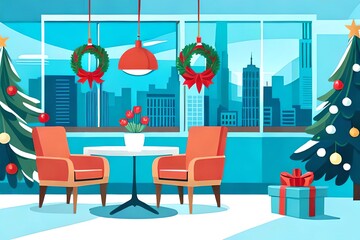 Wall Mural - Light Blue Background With Hanging Abstract Plants. Christmas Eve. Generative AI