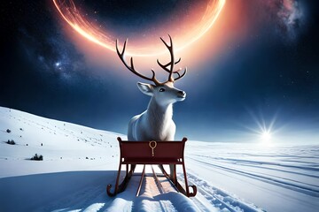 Wall Mural - sleigh pulled by flying reindeer in night sky. christmas holiday. generative ai