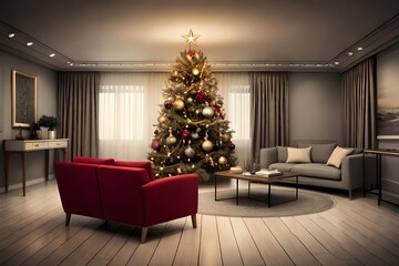 Wall Mural - Stylish Christmas Tree With Vintage Baubles And Golden Lights In Scandinavian Room. Christmas Eve. Generative AI