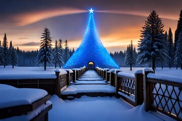 Wall Mural - Blurred Blue Christmas Tree Lights. Christmas Eve. Generative AI