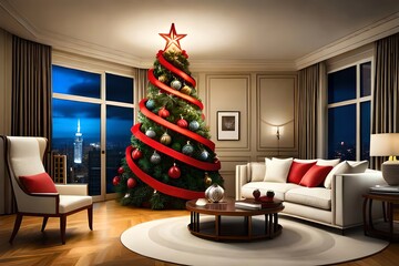Wall Mural - Luxurious Christmas Evening With Decorated Tree And Presents. Christmas Eve. Generative AI