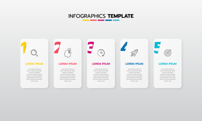 Business infographic template process with simple geometry square, rectangle, circle, triangle, curves in flat design template with thin line icons and 5 options or steps. Vector illustration.