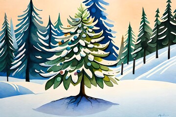 Wall Mural - Watercolor Painting Of A Christmas Tree. Christmas Eve. Generative AI