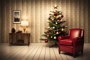 Wall Mural - Stylish Christmas Tree With Vintage Baubles And Golden Lights In Scandinavian Room. Christmas Eve. Generative AI