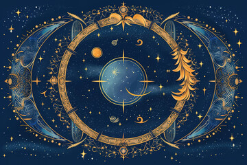 magic banner for astrology, magic divination, cosmic device, crescent moon and sun with moon on blue background, mystical vector illustration, pattern