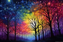 Night Landscape Painting Of Dark And Colorful Sky Background. Aurora Borealis In The Night Sky Over The Black Trees In The Foreground. Watercolour Painting Northern Lights Space Landscape, Generative 