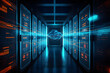 © ADDICTIVE STOCK - Generative AI image of dark spacious interconnected servers room with display of neon data and information while connected with cloud computing for virtualization approach
