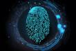 © ADDICTIVE STOCK - Generative AI image of digital finger print scan in blue glowing lights for forensic data and personal identification on black background while useful in biometrics