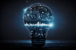 © ADDICTIVE STOCK - Generative AI image of creative idea of light bulb displaying glowing modern metropolis with skyscrapers under sky with connected dots near seashore on blue background