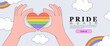 Lgbt rights or social issues event celebration creative banner, poster, placard, social media advertisement, invitation, greeting or web landing page in trendy outline style with rainbow and heart.