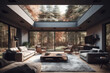 © ADDICTIVE STOCK - Generative AI image of interior design of spacious living room with massive skylight from ceiling while decorated with modern furniture and glass walls displaying forest scenes