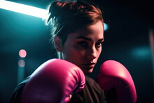 Generative AI Illustration Of Serious Young Female Boxer Wearing Pink Boxing Gloves Looking At Camera Against Blurred Background