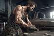 © ADDICTIVE STOCK - Generative AI side view illustration of young strong muscular bearded man mechanic in dirty clothes and gloves repairing broken vehicle in workshop