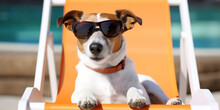 Jack Russell Terrier Dog With Sunglasses Sunbathing On Sun Lounger, Summer And Vacation Concepts (generative AI)