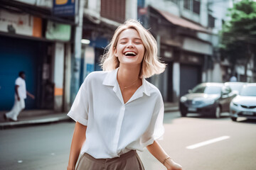 A beaming young woman with blonde hair and a minimalist shirt poses in front of a lively street, her infectious smile catching the eye. generative AI.