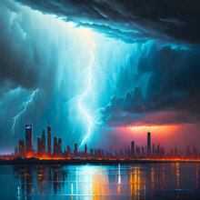 Lightning Storm Over A City Near The Water As An Oil Painting In High Detail.