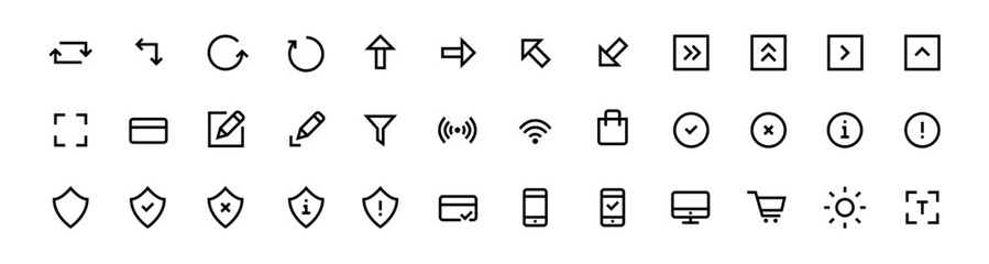 Simple minimalistic ui icons. Website navigation line symbols. Arrow, card, security. Pixel perfect, editable stroke set