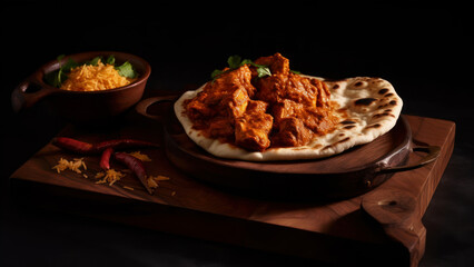 Wall Mural - Masala chicken tikka naan bread and rice in a spicy curry with meat on a wooden platter on a black stone background. generative ai