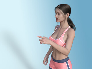 Young fitness woman in sports clothing pointing finger to blank space. illustration people.