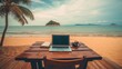 © vadymstock - Art remote work in a tropical sea beach. Dream work office background. AI generated.