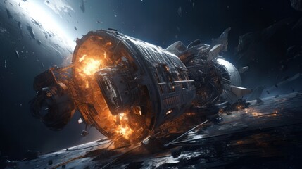 Crashed spaceship in space. AI generated.