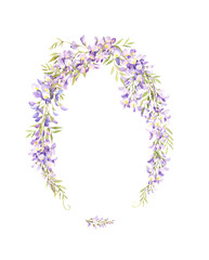 Watercolor wisteria wreath. Hand drawn isolated on white