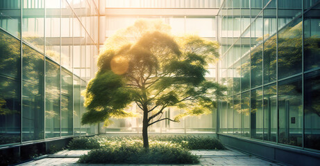 outside windows of a modern office building with trees in sunlight