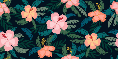 Naklejka na meble Tropical flower pattern seamless, silhouette of blooming, hand drawn botanical, Floral leaf for spring and Summer time, natural ornaments for textile, fabric, wallpaper, background design.