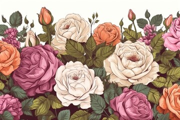 Wall Mural - Horizontal border of roses, created with generative AI