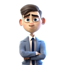 3d Icon Puzzled Avatar Cartoon Concerned Character Man Businessman In Business Suit Looking At Camera On Isolated Transparent Png Background. Generative Ai