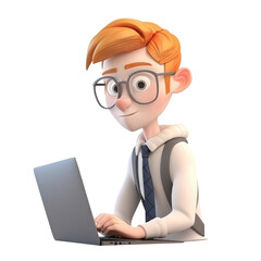 3D icon Young business man working with his laptop in the office or home, employee, freelancer programmer cartoon close up portrait on isolated on transparent png background. Generative ai