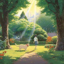 Walking With A Dog In A Sunny Park In The Anime Style. High Quality Illustration Generative AI