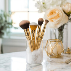 Professional luxurious gold makeup brushes in holder with fur, candles and flowers background