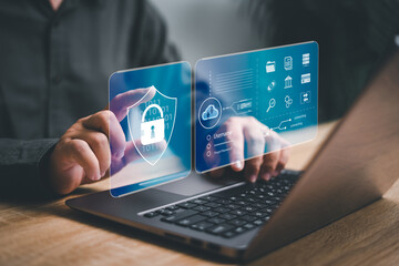 Cybersecurity privacy of data protection, Businessman using laptop protection and Secure encryption technology firewall security in online network, secured access to user personal data concept
