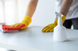 © PHOTO4U - Person cleaning the room, cleaning staff is using cloth and spraying disinfectant to wipe the table in the company office room. Cleaning staff. Maintaining cleanliness in the organization.