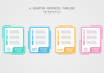 Wall Mural - 4 Quarter Infographic Business Planning Timeline for Growth multicolored pastel squares month abbreviation letter icon on white background Frames and letters with outlines gray gradient background.