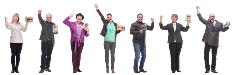 Sticker - group of happy people with gifts in their hands isolated