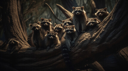 Poster - A group of raccoons climbing up a tree to roost Generative AI 