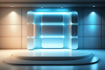 Aufkleber - Beautiful modern futuristic podium with neon blue lighting for product presentation. AI generated.