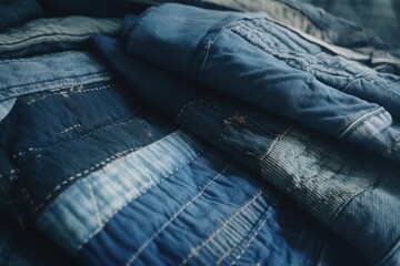 Poster - Patchwork quilt made of blue jeans sitting on top of a bed. AI generative image. Generative AI