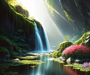 a flowering waterfall in a green patch of nature