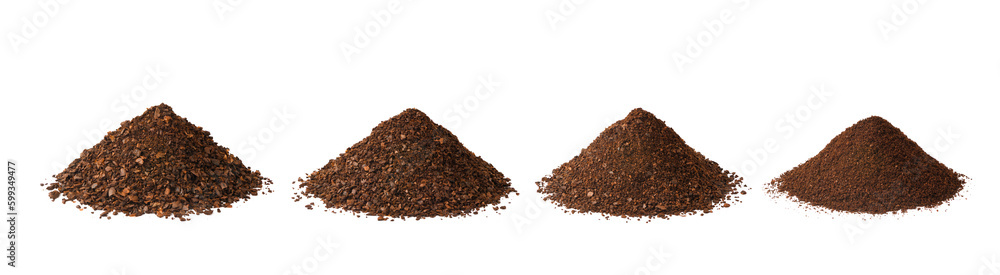 Different types of grinds coffee isolated on white background.