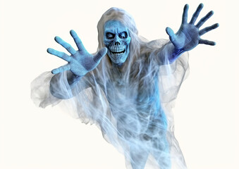 Scary ghost with blue zombie hands will create fear on your Halloween night.In front of a clear background in a cartoon style 3D design.A kind of depiction of the Day of the Dead holiday.AI generated