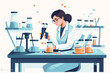 © xxstudio - Scientist woman in lab coat and glasses making experiment in chemical laboratory. Vector illustration
