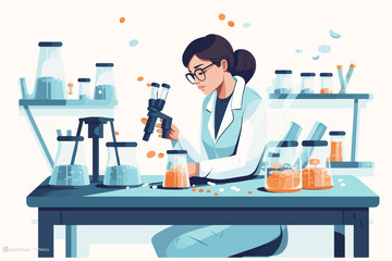Scientist woman in lab coat and glasses making experiment in chemical laboratory. Vector illustration