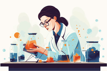 Wall Mural - Scientist woman in lab coat and glasses making experiment in chemical laboratory. Vector illustration