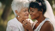© Roman - Old women lesbian couple. marrage Black and Caucasian female bride in love. LGBT pride month celebration generative ai